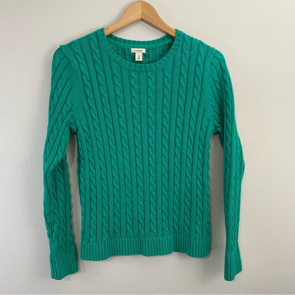 LL Bean Cable Knit Green Crewneck Sweater Women’s Size Medium